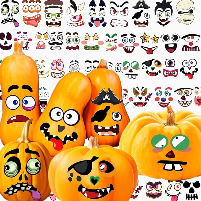 88 Pack Halloween Pumpkin Decorating Stickers, 3 Different Sizes Face Decor Stickers for All Pumpkins, Decorating Painting Craft Kit for Kids Halloween Party Decorations Treats Party Favors Supplies