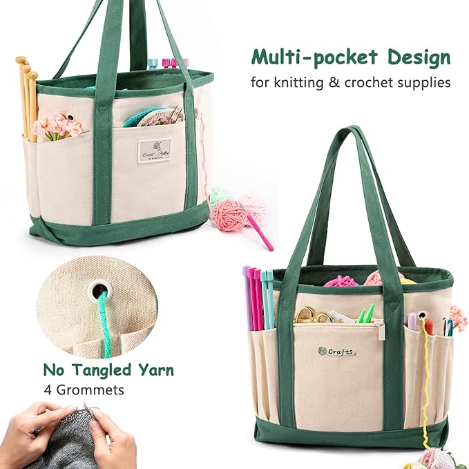 Canvas Yarn Storage Organizer Bag Washable Crochet Bag with Pockets for Yarn, Hooks, Needles – Travel Knitting Tote for Crafters – Gift for Crocheters & Knitters (Medium/Large)