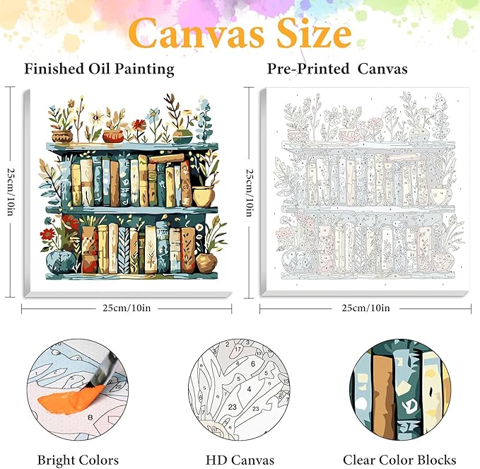 Okarina Framed Paint by Numbers Kit for Adults Beginner Bookshelf, Adult Paint by Number Kits on Canvas Framed, DIY Acrylic Oil Painting by Numbers with Frame, Book for Home Decor Gift 10 X 10 Inch