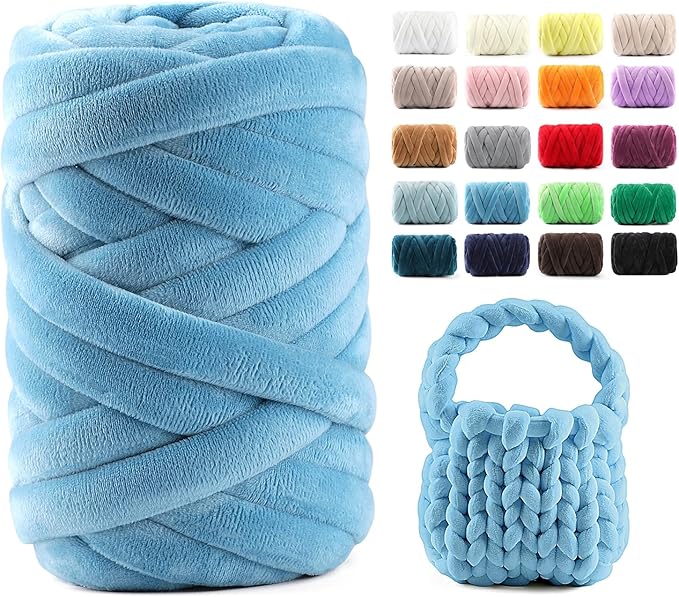 Chunky Yarn for Hand Knitting & Arm Knitting - 0.66lb Super Bulky Velvet Chenille Tube Yarn for DIY Pillows, Pet Beds, Baskets & Home Decor | No Tools Needed, Machine Washable, Misty Blue, 1 Pack