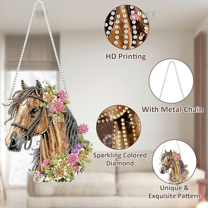 SENQAO Horse Hanging Diamond Art Painting Kits for Adults Beginners, 5D Special Shape Diamond Art Kits, Flower Crystal Rhinestones Diamond Gem Art Painting for Home Garden Wall Decor