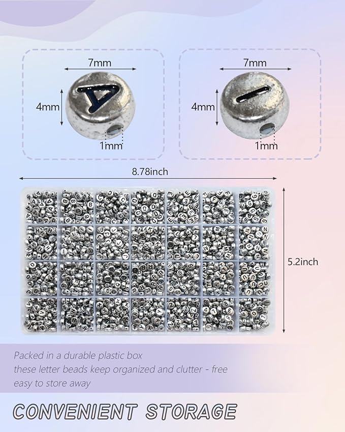 1400pcs Letter Beads Silver 7x4mm Black on Silver for Jewelry Making Bracelet Hair Braids Crafts