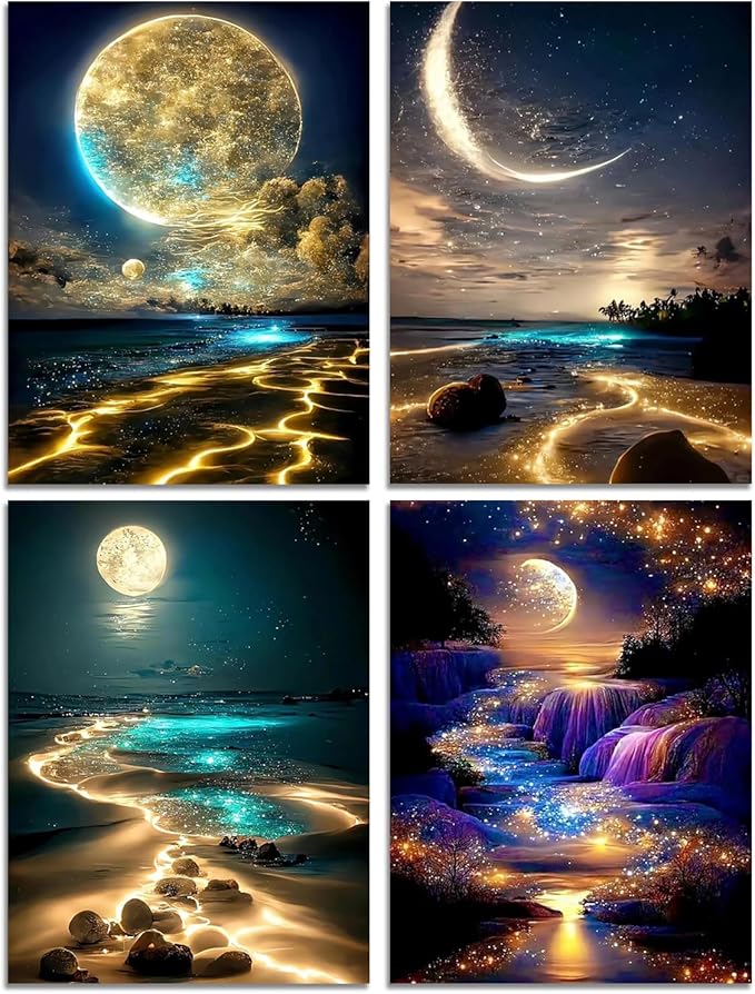Muzagroo Art Moon Diamond Painting Kits for Adults 5D Diamond Art Kits for Beginners DIY Diamond Arts and Crafts for Living Room Diamond dots Kits Kids Room 4 PCS Wall Art(Moon)