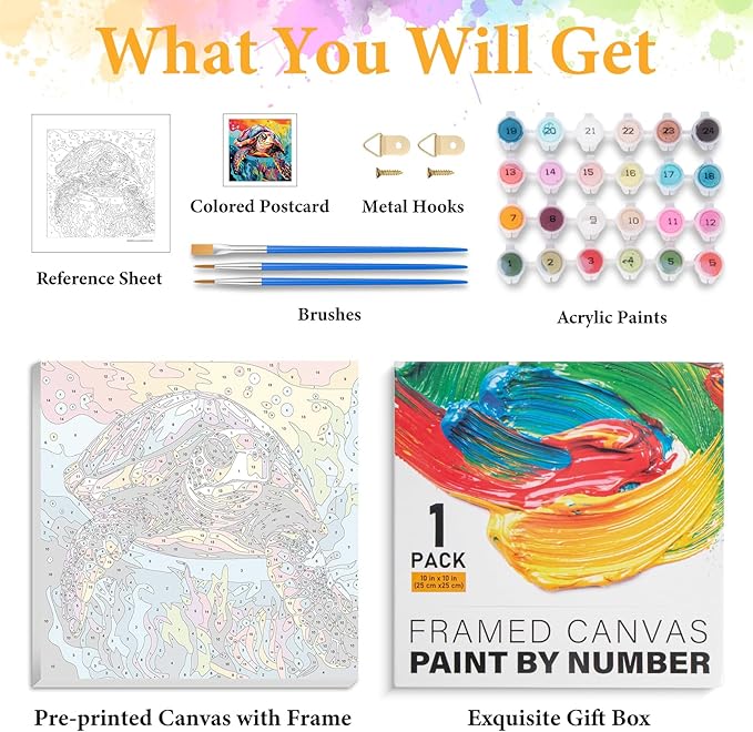 Framed Paint by Numbers Kit for Adults Beginner Sea Turtle, Adult Paint by Number Kits on Canvas Framed Animal, DIY Acrylic Oil Painting by Numbers with Frame, Perfect for Home Decor Gift 10 X 10 Inch