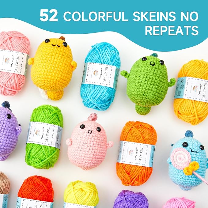 inscraft 52 acrylic yarn skeins, 1820 yards 52 colors, 2 crochet hooks, 2 weaving needles, 10 stitch markers, 1 bag, for crocheting & knitting, gift beginners and adults