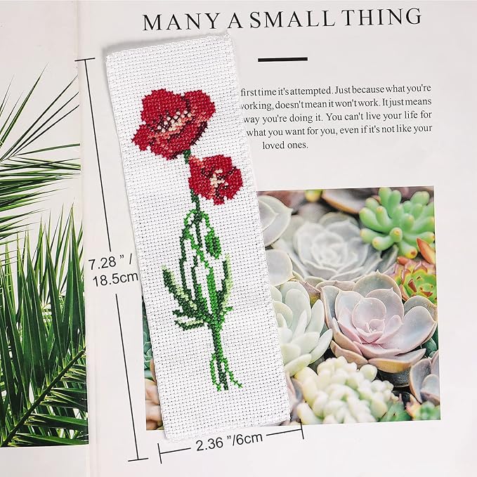 Caydo 3 Pieces Cross Stitch Bookmark Kits, DIY Stamped Embroidery Bookmark Kit for Beginner Flower Patterns 14 Count Crossstitch Projects for Book Lovers