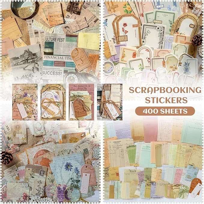 400Pcs Scrapbook Supplies Kit,4 Pack of Vintage Scrapbook Paper for Planner Bullet Junk Journal Supplies, Decoupage Paper Card Making Supplies and Scrapbooking Supplies DIY Mixed Media Collage Card
