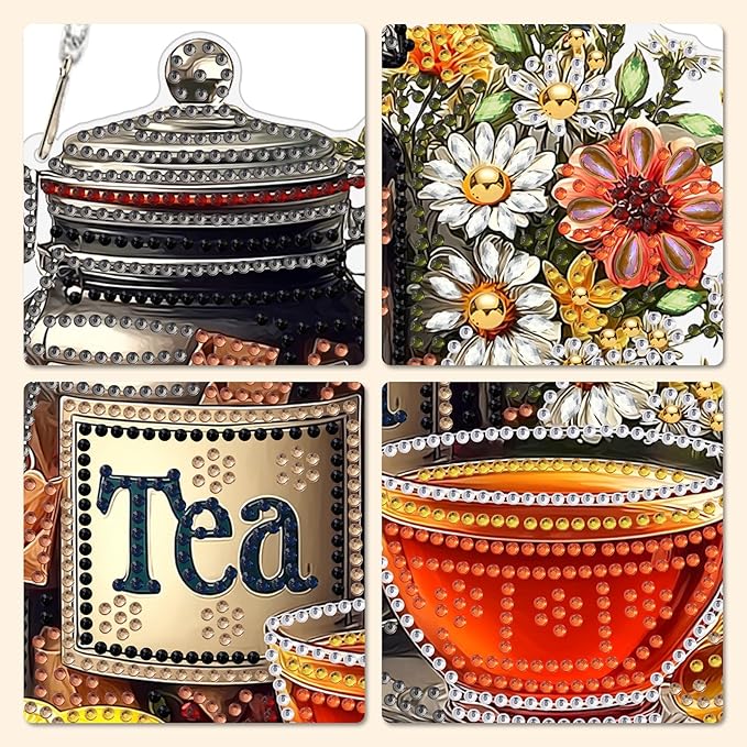MXJSUA Tea Diamond Art Hanging Kits for Adults Beginners, Crystal Diamond Suncatchers, Special Shape Diamond Painting Pendant Window Ornament Gifts for Home Garden Door Wall Decor