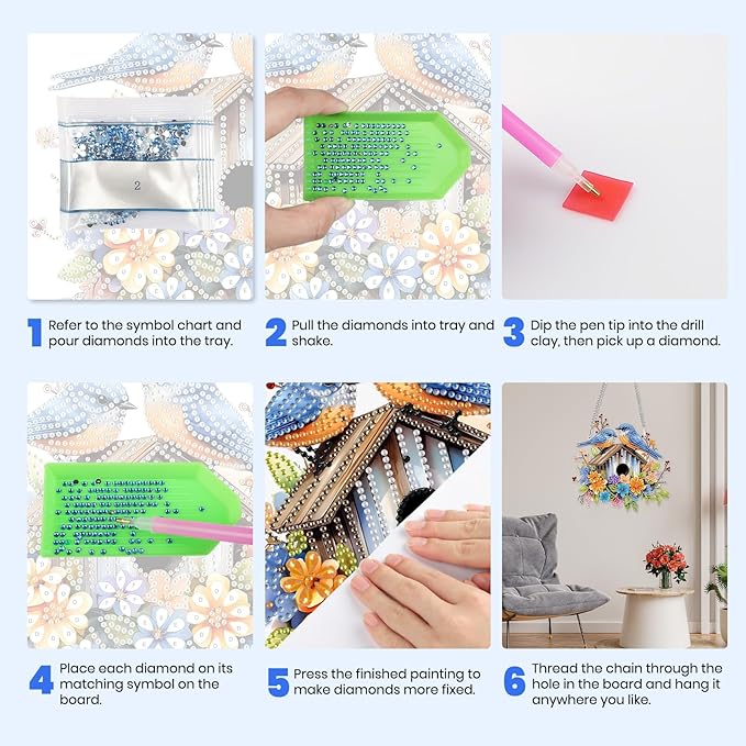 MXJSUA Flower Birdhouse Special Shaped Hanging Diamond Painting Art Kits for Adults, Crystal Rhinestone Acrylic Gem Art Pendant Ornaments Kit for Home Decoration and Gift