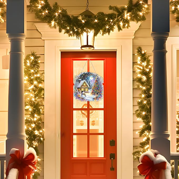 JJFox DIY Acrylic Diamond Art Painting Wreath Kits Special Shaped Rhinestone Diamond Art Window Pendants Home Garden Wall Hanging Kits Hanging Ornament (Christmas)
