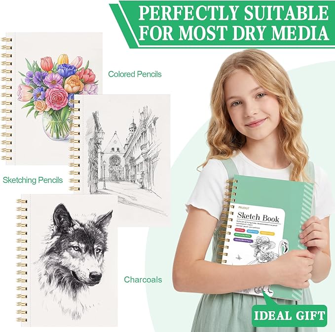 Sketch Book with 12 Color Pencil Set, 90 Sheets Spiral Sketchbook for Drawing (68lb/100gsm), Acid-Free Sketch Pad for Artist, Art Paper Drawing Supplies for Gifts(Green)