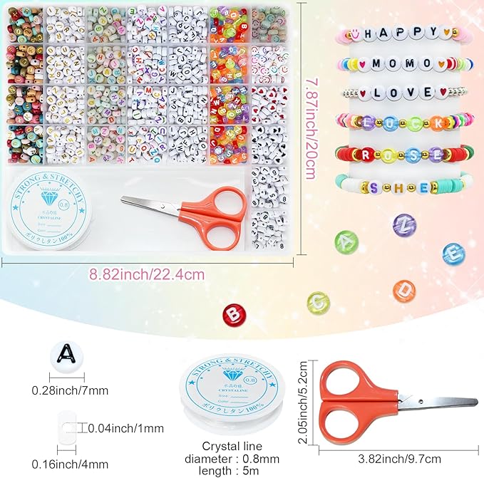 1500 Pieces 6 Colors Letter Alphabet Beads and Number Heart Beads Round Flat and Crystal Line for Jewelry Making