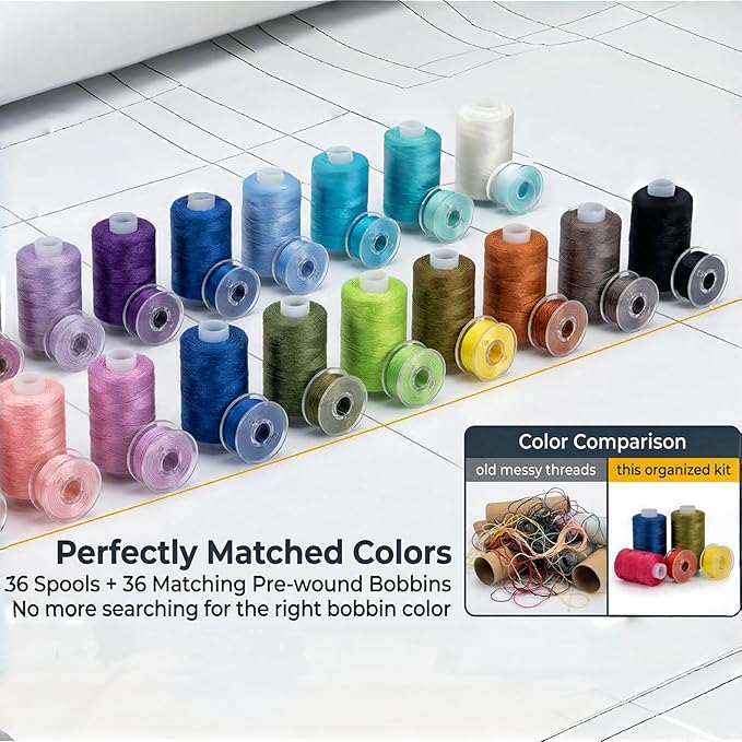 VIZOSHI Sewing Thread Kit with Prewound Bobbins, 72PCS 36 Colors Polyester Thread Set, 400 Yards per Spool, for Sewing Machine & Hand Sewing, Quilting, Embroidery, Repairs, DIY Crafts