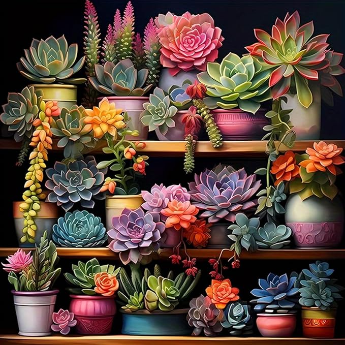 Diamond Art Kits for Adults Succulents, DIY 5D Diamond Painting Kit for Beginners, Full Round Drill Gem Art Dots for Adults, Diamond Dots Paintings Crafts Home Wall Decor 14X14 Inch