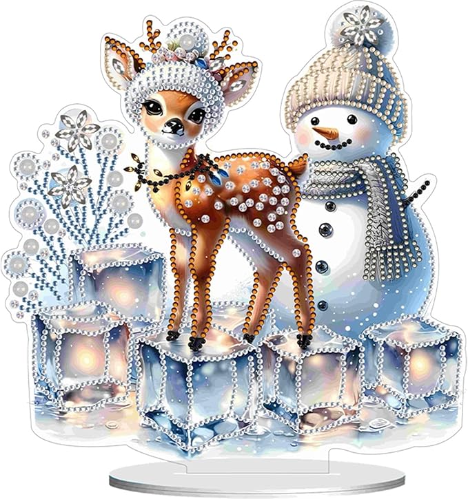 LAKEQUILL Christmas Desktop Diamond Art Kit for Adults Christmas,DIY Stand Up Double Sided Special Shaped Diamond Art Desktop Ornaments for Home Office （Adorable Snowman Fawn）
