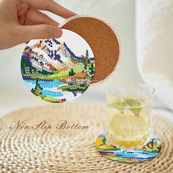 igoodom 8 Pcs Diamond Art Coasters Kit with Holder, DIY Landscape Diamond Painting Coasters for Beginners Adults, Non Slip Diamond Art Kits Craft Supplies 4x4inch