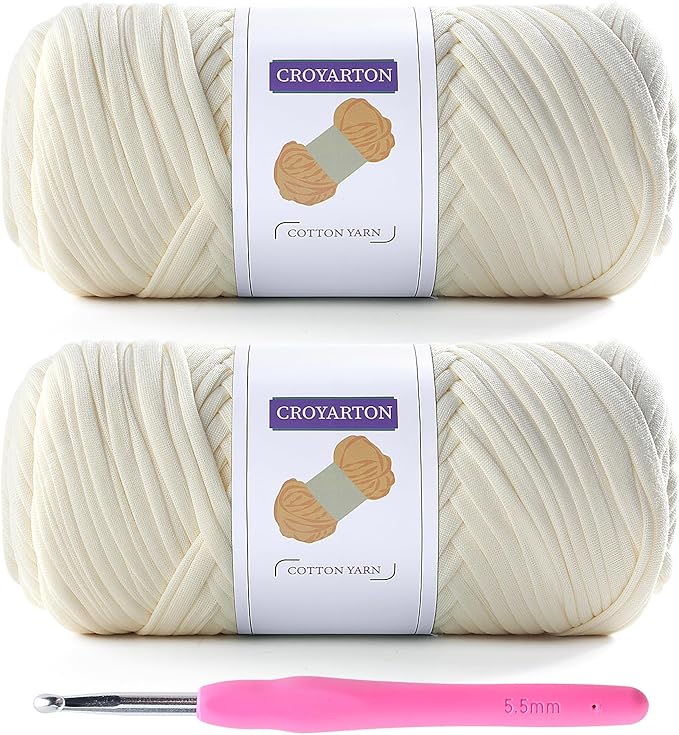 2 Pack T Shirt Yarn for Crocheting with 1 Crochet Hook, Elastic Tshirt Yarn for Crochet Bag/Baskets/Home Decor, Spaghetti Yarn Thick Knitting Yarn Total Length 130 Yds, Weight 14 Oz (Cream)
