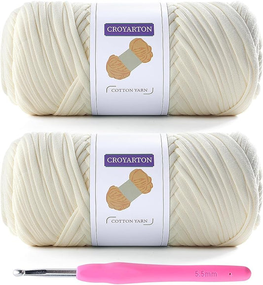 2 Pack T Shirt Yarn for Crocheting with 1 Crochet Hook, Elastic Tshirt Yarn for Crochet Bag/Baskets/Home Decor, Spaghetti Yarn Thick Knitting Yarn Total Length 130 Yds, Weight 14 Oz (Cream)