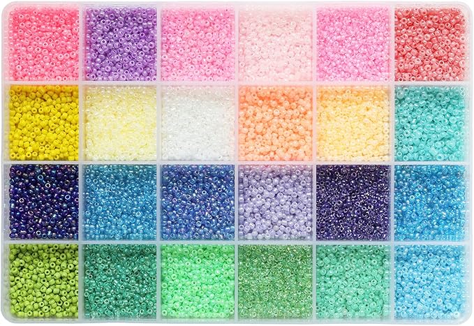 About 15600pcs 2mm 12/0 Glass Seed Beads 24 Colors Loose Beads Kit Bracelet Beads with 24-Grid Plastic Storage Box for Jewelry Making