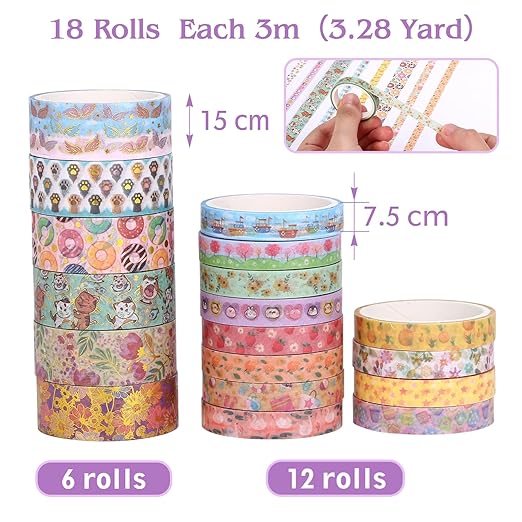 Naler Washi Tape Set,18 Rolls Cute Decorative Tape, Flora Animals Fruits Adhensive Tape, Writable Tape for Bullet Journal Supplies, Gift Wrapping, Scrapbook Supplies