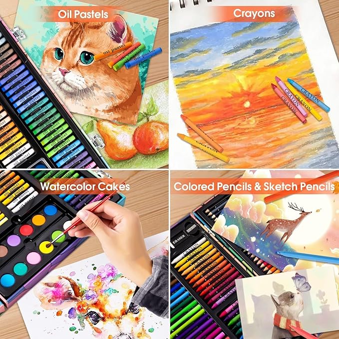 Art Supplies, 180 Pack Drawing Painting Set for Kids Girls Boys Teens, Coloring Art Kit Gift Case with Clipboard, Coloring Papers, Oil Pastels, Crayons, Colored Pencils, Watercolor Cakes, Markers