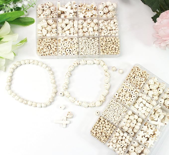 PAMIR TONG Turquoise Beads Sets for Bracelet 1183pcs Cross-Skull Head-Heishi Space Howlite Turquoise Rocks Stone Assortment Beads for DIY Crafts-Necklace-Charms- Jewerly Making (White Set)