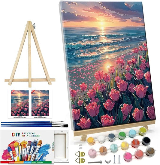 ATDMS Paint by Numbers Kit for Adults with Easel DIY Tulips Adult Paint by Number Kits on Canvas Framed Oil Painting Kits for Wall Hanging Home Room Decor 7.87x11.81 Inch