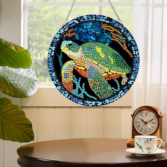 AiYuanzsh Sea Turtle Diamond Painting Hanging Pendant Kit, Special Shaped Diamond Dots Acrylic Ornament, DIY Diamond Art Pendant for Adults Home Wall Window Decoration Gift