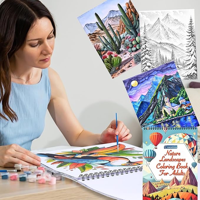 Cosomia Adult Coloring Books Set, 3 Fun Coloring Books for Adult Relaxation, 60 Pages of Flowers Nature Landscapes Animals, Brain Game for Adults