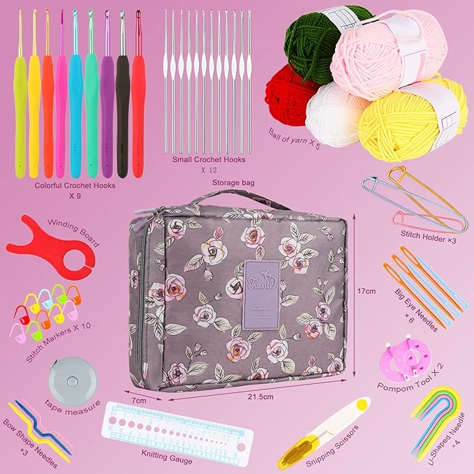 aeelike crochet kit multi size crochet hooks set 0.6mm-6mm, full crochet kit for beginners adults, crochet hooks set with case accessories - crochet gift for mother & grandmother (purple flower)