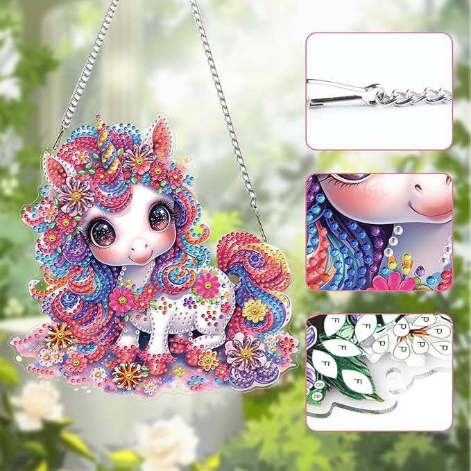 Lxmsja DIY Cute Unicorn Diamond Painting Hanging Ornament, Double-Sided Acrylic Colorful Flowers Diamond Art Kit, Special Shaped Suncatcher Hanging Pendant Window Art Kit