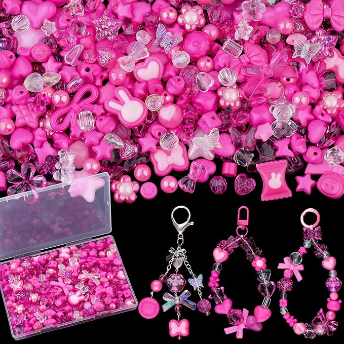 200-260PCS TINKRSTUFF Assorted Acrylic Beads Rose Pink Cute Beads for Bracelet Making,Bow Star Aesthetic Flower Butterfly GummyBear Kawaii Charms for Jewelry Necklace Making DIY Keychain Phone Charm