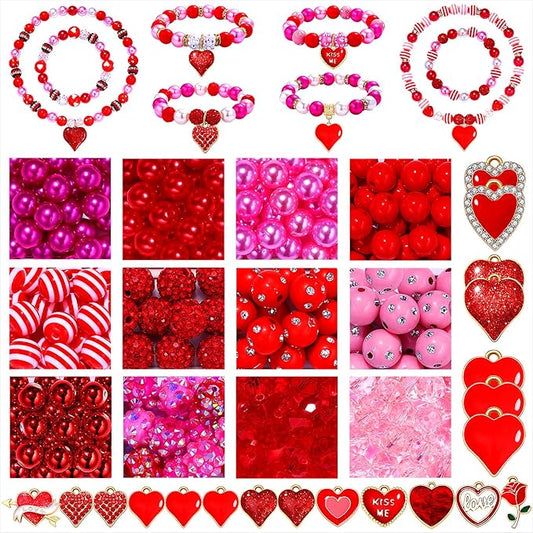 320 Pieces Valentine’s Day Beads Heart Charms for Necklace Bracelet Jewelry Making Red Crystal Pearl CCB Beads Rhinestone Glitter Heart Pendant Charms for DIY Crafts Decorations
