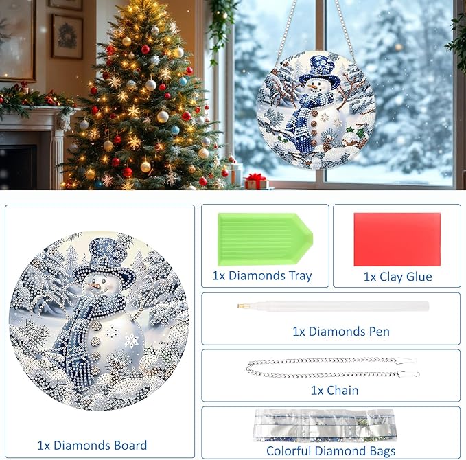 SENQAO Christmas Diamond Art Hanging Kits for Adults Kids, Snowman Diamond Art Suncatchers, 5D Special Shape Diamond Painting Pendant Window Ornament Gifts for Home Door Wall Decor