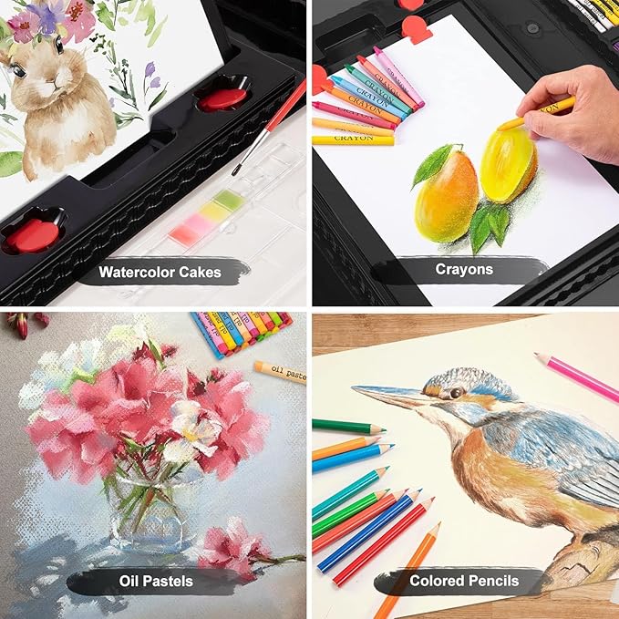 Art Supplies, 272 Pack Art Set Drawing Kit for Girls Boys Teens Artist, Deluxe Gift Art Box with Trifold Easel, Origami Paper, Coloring Book, Drawing Pad, Pastels, Crayons, Pencils, Watercolors(Black)