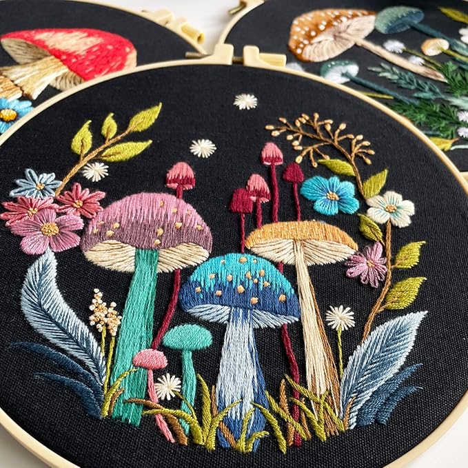 Myfelicity Embroidery Kit with Mushroom Patterns, 3 Hoops, Fabric, Threads, Needles, Instructions (Colorful)