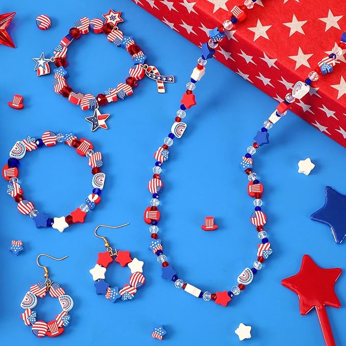 Augshy 300Pcs Patriotic Polymer Clay Beads, Round Red White Blue Stars Hearts Circles Butterflies Hats Rainbows 4th of July American Flag Spacer Beads for Bracelet Necklace Making Earrings Craft