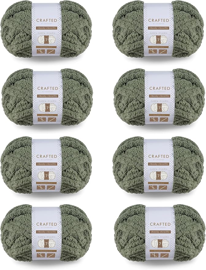Crafted by Catherine Chunky Chenille Yarn - 8 Pack (8 oz / 227 g, 31.7 Yards Each Skein), Olive, Gauge 7 Jumbo