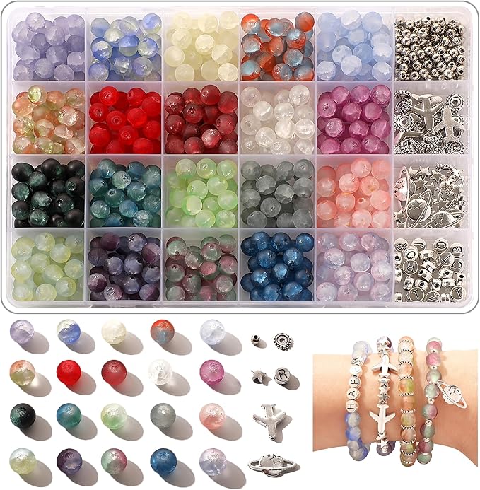 690pcs Frosted Lunar Glass Beads for Bracelets Making, 24 Colors Crystal Beads with Accessories Jewelry Making Kit, 8mm Round Coloured Glaze Beads for DIY Bracelet Crafts, Gifts for Beginners Men