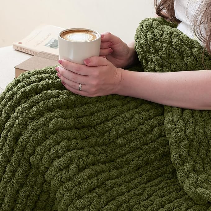 Jumbo Chunky Yarn for Hand Knitting - Super Thick Chenille Chunky Yarn for Crocheting - Extra Soft Bulky Fluffy Blanket Big Yarns 8 Jumbo Pack (27yds,8 oz Each Skein) Olive Green