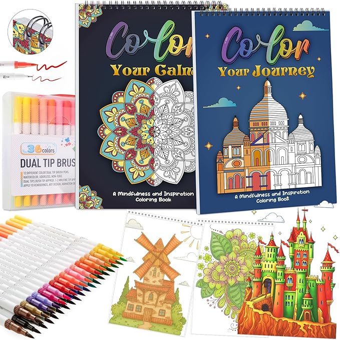 8.3×11.7in Adult Mandala Coloring Book Set for Relaxation, 2 Pack Spiral Bound Coloring Books for Women with 36 Colors Markers, Mindfulness Stress Relief 40 Patterns for Adults, Teens, Ideal Gift