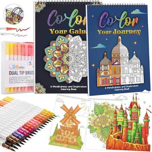 8.3×11.7in Adult Mandala Coloring Book Set for Relaxation, 2 Pack Spiral Bound Coloring Books for Women with 36 Colors Markers, Mindfulness Stress Relief 40 Patterns for Adults, Teens, Ideal Gift