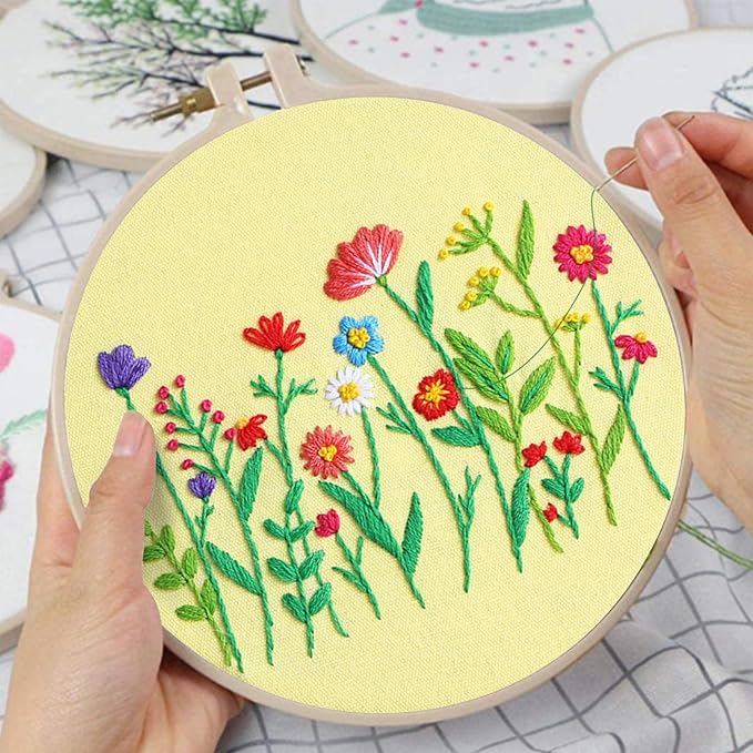Louise Maelys 3 Sets Flowers Embroidery Kits for Beginners,Cross Stitch Kit for Adults,Starters DIY Needlepoint Including Daisy Florals Bouquet Pattern,Hoop,Instruction and Threads