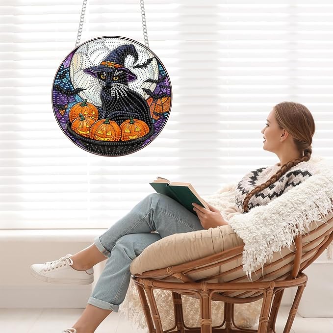 Bimkole Cats Diamond Art Hanging Kit for Adult, DIY 5D Diamond Art Halloween Window Pendant, Acrylic Crystal Art Hanging Ornament Home Wall Garden Front Door Sign Outdoor Decor 7.8x7.8 Inch