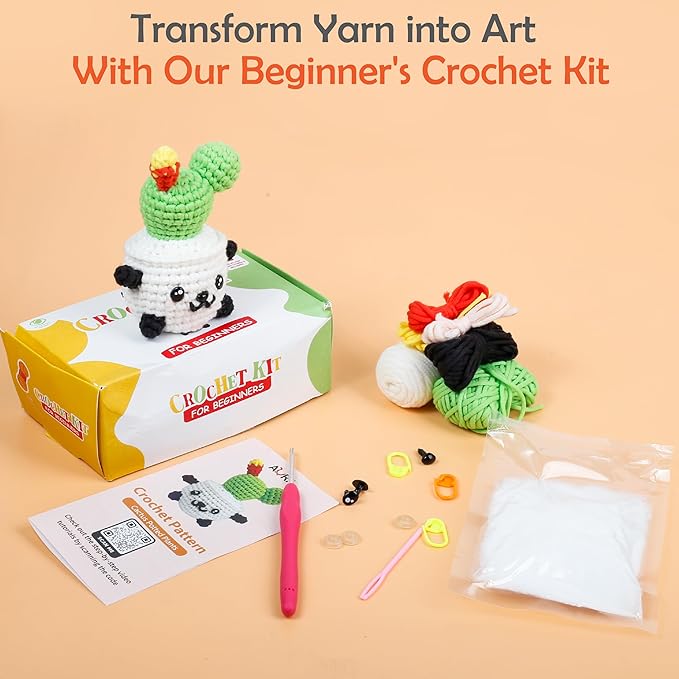 A-URA Learn to Crochet Kit for Beginners Kids and Adults, Premium Pattern Panda Cactus Beginner Crochet Kits with Easy Tube Yarn & Step-by-Step Video Tutorials