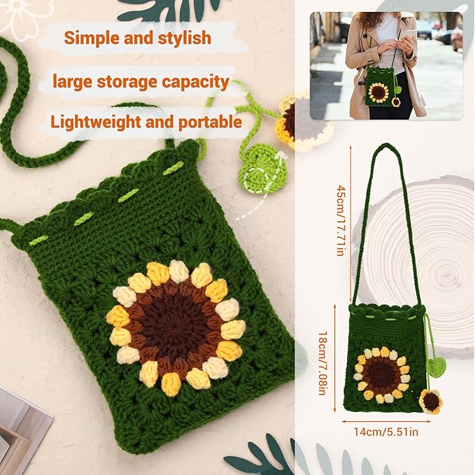 Pnytty Crochet Kit-Bag for Beginners, DIY Crochet Flower Bag Starters Craft Kniting Kits for Adults Include Crochet Yarn Hook Tools Supplies and Easy Step-by-Step Video Tutorials