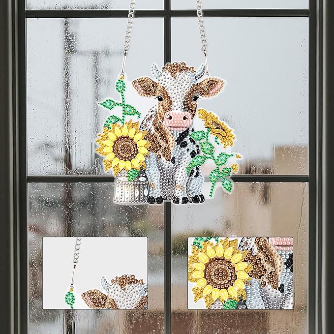 Sunflower and Cow Diamond Art Hanging, DIY 5D Diamond Painting Ornament with Rhinestones, Handmade Craft Gift for Wall, Door, Window, Home or Garden Decor