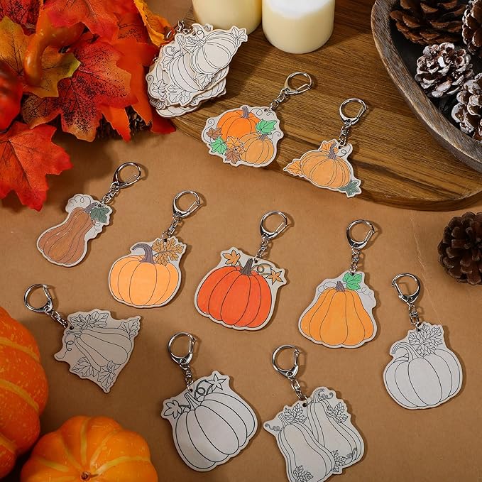 Trnayi 36 Pcs Color Your Own Pumpkin Keychains Fall Thanksgiving Crafts Wood DIY Coloring Gifts for Autumn Thanksgiving Party Favors Painting DIY Arts Crafts Project Decoration Family Holiday Project