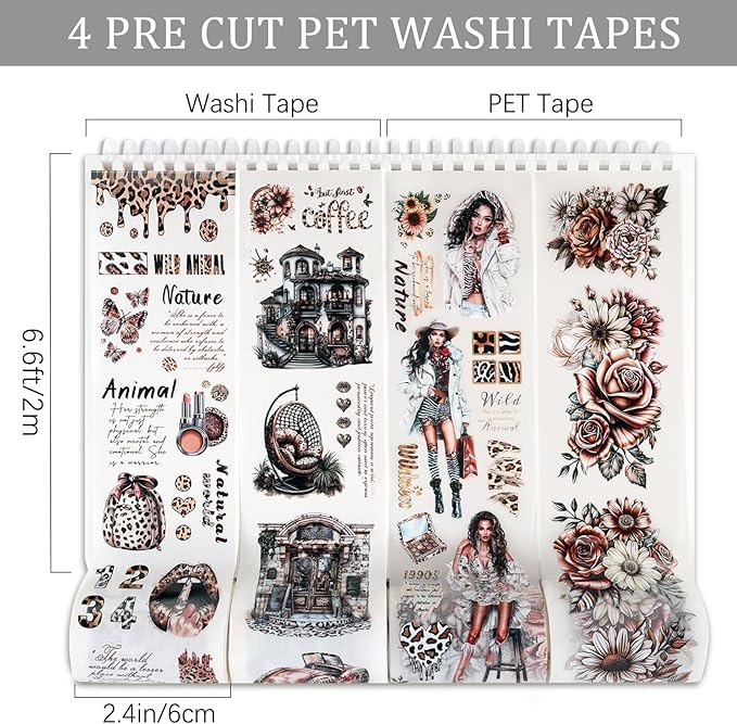 Dizdkizd Washi Tape Set, 4 Pre-Cut Animal Print PET & Washi Tapes Stickers with Diverse Sexy Women, Flowers, Adult Journaling Supplies for Collage Scrapbooks Craft Project