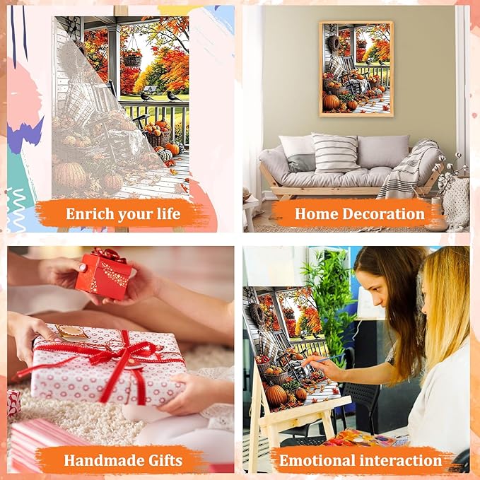 MAXBYE Paint by Numbers, Autumn Porch Adults' Paint by Number Kits, DIY Acrylic Paint Kit for Adults Beginners Unframed, Pumpkins Easy Oil Paint by Numbers Canva for Home Wall Decor 12x16inch